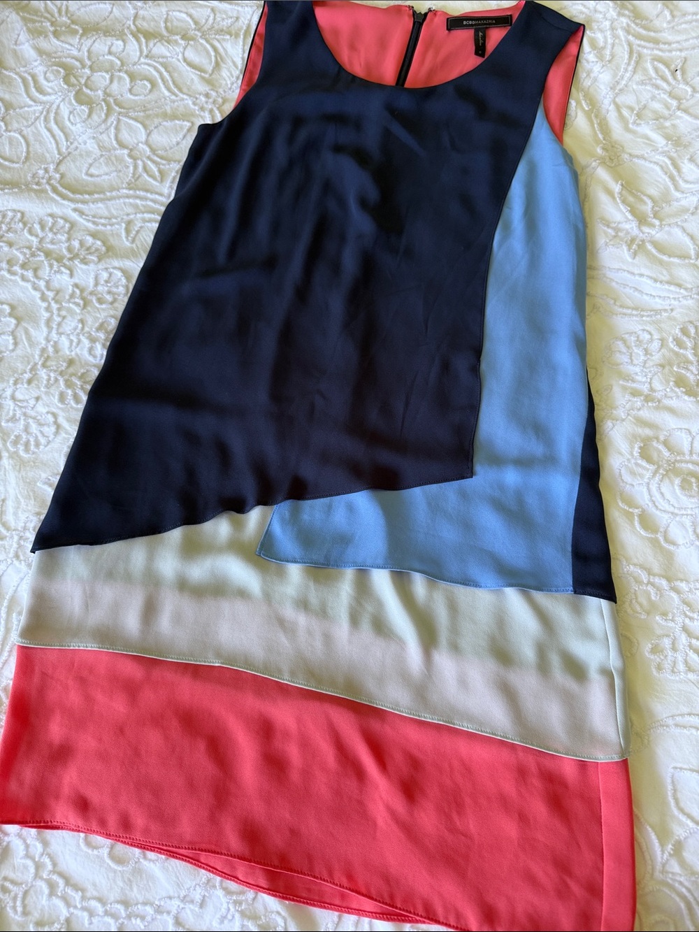Colorblock Sleeveless Shift Dress - Navy, Coral, Light Blue, Light Grey